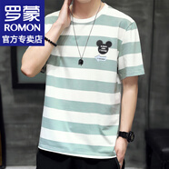 羅蒙（ROMON）圓領(lǐng)短袖t恤男士夏季短袖男打底衫條紋半袖寬袖休閑上衣服男裝 1808淺綠 M (約100-120斤可穿)