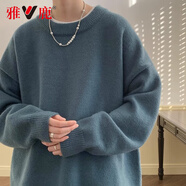 雅鹿毛衣男秋冬款寬松慵懶風(fēng)高級感日系復(fù)古加絨厚內(nèi)搭打底針織衫潮牌 藍(lán)色【高品質(zhì)】 L 【100-130斤】