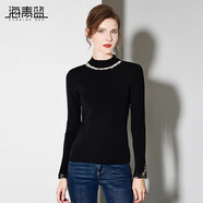 海青藍(lán)（CYANINE SEA）簡(jiǎn)約通勤氣質(zhì)蕾絲袖口拼接釘鉆領(lǐng)針織打底衫女秋冬半高領(lǐng)顯瘦毛衣 黑色 均碼