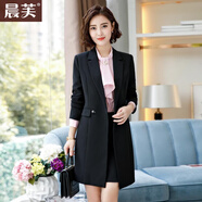晨芙中長款小西裝外套女氣質(zhì)職業(yè)套裝時尚風(fēng)衣大衣商務(wù)西服正裝工作服 黑色風(fēng)衣單件 2XL 建議120-132斤