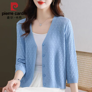 皮爾卡丹（pierre cardin）夏季防曬開衫女外搭冰絲針織v領(lǐng)短款上衣披肩七分袖薄款鏤空外套 2024藍色2025 XL 建議體重121-130斤