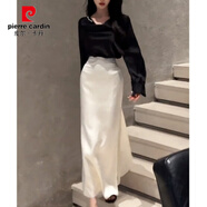皮爾卡丹感蕩領緞面上衣開叉半身裙套裝女純欲性感顯瘦兩件套春季女裝 上衣+裙子 XL 建議115-125斤左右