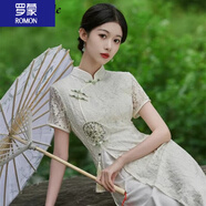 羅蒙（ROMON）連衣裙女裝夏季2024新款蕾絲旗袍短袖文藝民國風(fēng)高端繡花收腰裙子 米白色 2XL