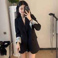 源夫人感西裝外套女小個子2025春新款韓版寬松休閑小眾蕾絲拼接西服 黑色 M 105-120斤