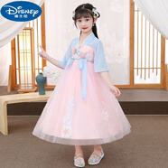 迪士尼女童漢服連衣裙夏季中國(guó)風(fēng)小女孩裙子中大童寶寶裙兒童雪紡裙子潮 粉紅色 收藏送流蘇 110 cm