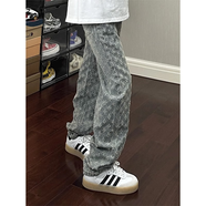 葉余滿(mǎn)印提花牛仔褲男痞帥炸街褲子江浙滬穿搭高街直筒微喇褲 藍色 【質(zhì)量】 S 【建議80-95斤】