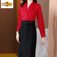 初徑春秋新款假兩件套長(cháng)袖醋酸連衣裙輕熟氣質(zhì)復古修身職業(yè)包臀中長(cháng)裙 紅色 4XL