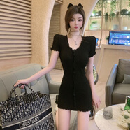 蝶霓斯夜店2025夏季新款韓版氣質(zhì)名媛性感V領(lǐng)修身顯瘦包臀針織打底連衣 黑色 均碼