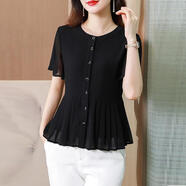 AHKA時(shí)尚遮肚子雪紡襯衫女裝夏裝2025年新款壓褶下擺大碼襯衣百搭t恤 黑色 M 85-100斤