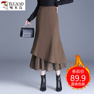啄木鳥網(wǎng)紗魚尾半身裙女2024新款春秋包臀裙一步裙高腰氣質(zhì)顯瘦毛呢冬裙 咖色毛呢面料80厘米 M