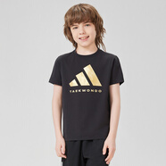 阿迪達(dá)斯 （adidas）兒童T恤夏季戶外運(yùn)動(dòng)休閑百搭短袖 黑+金  164 