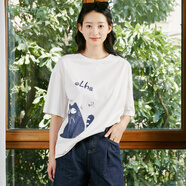 布景T恤女夏季動(dòng)物貓咪印花圓領(lǐng)短袖寬松T恤 白色 M