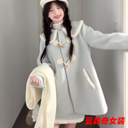 沐悠羽法式大衣外套娃娃領(lǐng)小個子秋冬甜美風(fēng)藍色牛角扣加絨加厚短裙套裝 短裙+外套加絨 加厚 M