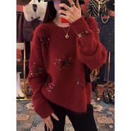 蜜莎蜜拉（Mirza Mirror）紅色亮片軟糯圓領(lǐng)毛衣女冬季新款感蝴蝶結洋氣百搭針織上衣 紅色 M 建議100-115斤