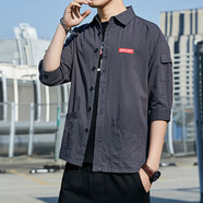 JEEP SPIRIT春秋季襯衫男韓版純色牛仔工裝長(cháng)袖帥氣寬松外套休閑襯衣夾克痞帥 2022七分袖灰色 L 125斤左右