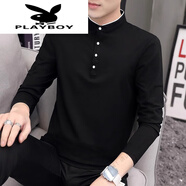 花花公子（PLAYBOY）品牌中青年男士T恤舒適休閑打底衫衣服基礎(chǔ)百搭立領(lǐng)棉質(zhì)Polo小衫 8165黑色 M 【90-110斤】