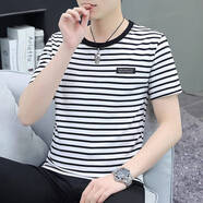 以純YISHION黑白條紋男士短袖t恤純棉潮流夏裝新款休閑百搭上衣韓版半袖體恤 白條紋 GW2233 XL