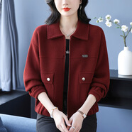 歌米拉（Gemila）短款小香風(fēng)外套女春秋長(zhǎng)袖新款毛呢絨針織開(kāi)衫翻領(lǐng)拉鏈簡(jiǎn)約小外套 紅色 S 【85-100斤】