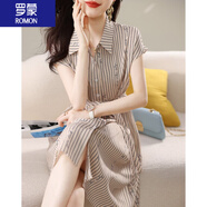 羅蒙（ROMON）女裝短袖襯衫連衣裙女2025春夏季新款通勤簡(jiǎn)約條紋系腰帶翻領(lǐng)裙子 條紋 XL 120-130斤