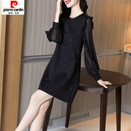 皮爾卡丹（pierre cardin）秋裝赫本風(fēng)高端大碼胖mm炸街a字顯瘦荷葉邊長袖亮片小黑裙連衣裙 黑色 XL 建議：115-125斤