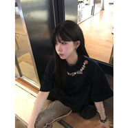 文頗100%純棉重磅美式高街短袖夏季t恤寬松情侶體恤五分袖上衣男女款 260克-黑 S 建議85-95斤
