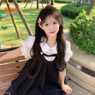 乖甜星學(xué)院風(fēng)假兩件背帶連衣裙2025新款夏季寬松娃娃甜美可愛(ài)襯衫小個(gè)子 Black/黑色 XS 建議【70-85斤】