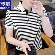 羅蒙（ROMON）刺繡薄款短袖t恤男士半袖體恤條紋翻領(lǐng)polo 衫條紋休閑夏裝上衣 白色 XL