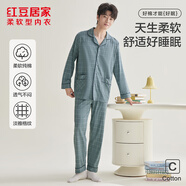 紅豆居家男士精梳純棉情侶睡衣男格紋長(zhǎng)袖女士家居服 山黛藍(lán) 2XL
