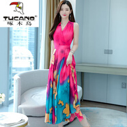 啄木鳥（TUCANO）品牌冰絲連衣裙女沙灘裙波西米亞長裙女夏2025新款收腰顯瘦海邊度 紅色-1139款 XL