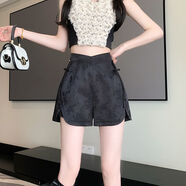 BJORN MOAN新中式復(fù)古提花休閑短褲女夏大碼高腰國風(fēng)刺繡黑色a字熱褲闊腿褲 黑色 3XL