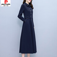 皮爾卡丹（pierre cardin）中長款長袖連衣裙春秋款女新款中媽媽秋季洋氣秋冬氣質(zhì)裙子 藏青色常規(guī)款 XL (117-127斤)