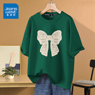 真維斯（JEANSWEST）時(shí)尚短袖t恤女學(xué)生可愛(ài)甜美學(xué)院女裝ins風(fēng)夏季新款純棉寬松上衣服 墨綠 蕾絲蝴蝶結(jié) M