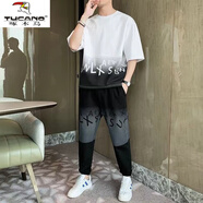 啄木鳥（TUCANO） 夏季T恤短袖套裝男士漸變韓版潮流時(shí)尚寬松學(xué)生休閑運(yùn)動(dòng)一套搭配 白色661【長(zhǎng)褲套裝】 2XL 【135-155斤】