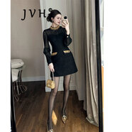JVH香港潮牌收腰蕾絲連衣裙女 2025春季新款修身包臀亮片禮服短裙子 黑色 S