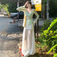 蕭遇（XIAOYU）2025春夏新性感顯瘦雪紡拼接包臀裙 薄荷綠上衣兩件套+白色拼接半裙 S