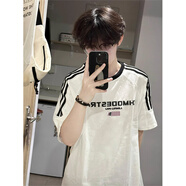 卡圖弛美式條紋拼接純棉短袖t恤男夏季寬松潮流五分半袖高街重磅體恤衫 白色 2XL