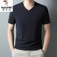 啄木鳥(niǎo)夏季短袖T恤男士雞心領(lǐng)純棉韓版潮流v領(lǐng)上衣中青年華格夫打底汗衫 801上青 2XL 180/120155-175斤