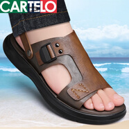 卡帝樂(lè )鱷魚(yú)涼鞋男夏季真皮外穿中年爸爸皮涼拖鞋軟底防滑兩用戶(hù)外休閑沙灘鞋 淺棕色 42