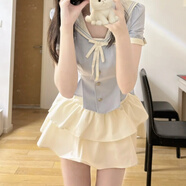 茉衣雅（MOYIYA）顯瘦jk制服套裝裙女夏季學(xué)院風(fēng)水手服短袖襯衫海軍領(lǐng)蛋糕裙兩件套 杏色蛋糕裙【單件】 M 建議90-105斤