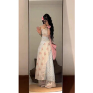 清中喬甜辣風(fēng)碎花格紋吊帶連衣裙女氣質(zhì)收腰蕾絲拼接a字長(cháng)裙子 主圖款 S