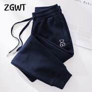 ZGWT輕奢高端品牌束腳休閑運(yùn)動(dòng)褲女寬松春秋冬加絨小熊哈倫褲衛(wèi)褲褲子 寶藍(lán)色-線條熊 XL 【加絨款】120-135斤