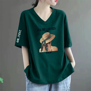 秀絲路女士短袖高檔女時(shí)尚一點(diǎn)大碼v領(lǐng)t恤寬松顯瘦遮肚子夏裝新款洋氣 墨綠色-背影女孩 3XL 建議150-175斤