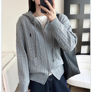 純邇女裝新款連帽麻花加厚毛衣女秋冬針織衫女套頭刺繡洋氣衛(wèi)衣打底衫 灰色 L