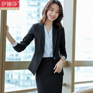 伊婭莎小西裝外套女士職業(yè)西裝套裝商務白領(lǐng)面試正裝酒店經(jīng)理工作服工裝 黑色西裝+半裙 XL 建議110-120斤
