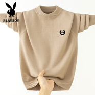花花公子男生純棉長(cháng)袖針織衫圓領(lǐng)青少年毛衣秋冬季中學(xué)生男孩子刺繡打底衫 駝色 5XL (200) 適合175-180身高（130-160斤）