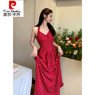 皮爾卡丹（pierre cardin）港風(fēng)復(fù)古紅色波點(diǎn)掛脖V領(lǐng)連衣裙女夏季海邊度假裙子法式茶歇長裙 掛脖連衣裙 L 105-115斤