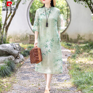皮爾卡丹（pierre cardin）國風印花苧麻改良旗袍裙夏斜襟盤扣麻連衣裙日韓 綠色 M :【95-115斤】