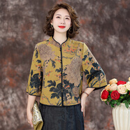 齊黛香云紗上衣女新中式媽媽裝50-60歲洋氣復(fù)古印花桑蠶絲真絲短外套 黃底牡丹 XL /115-125斤