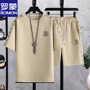 羅蒙夏季冰絲套裝男2025新款潮流休閑時(shí)尚男士薄款圓領(lǐng)印花體恤兩件套 卡其色 M 85-105斤