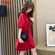 FSHE2025夏季新款女裝長(cháng)款polo領(lǐng)短袖T恤設計感小眾半袖紅色連衣裙潮 9-紅色 XL